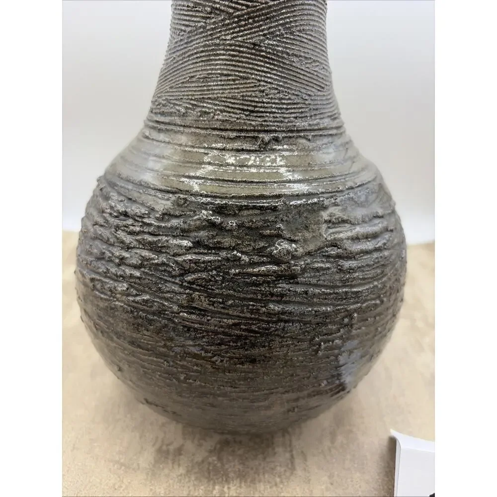 Handcrafted Studio Pottery case W/Metallic Grey Glaze & Textured Ribbed Signed